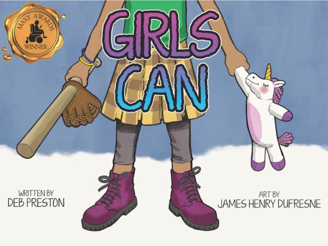 Cover of children's picture book with girl in yellow dress and purple boots with title Girls Can